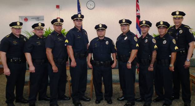 From L-R: Deputy Police Chief Michael Contrades; Lt. Scott Brede; Lt. James Rodriguez; Sgt. Charles Dubocage; Sgt. Jesse Guirao; Sgt. Kennison Nagahisa; Sgt. Colin Nesbitt; Sgt. Ray Takekawa; and Kaua'i Police Chief Darryl Perry.