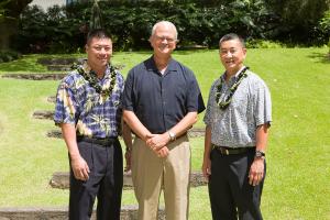 From left, FEI Hawaii President Aaron Sato, Dean Vance Roley, FEI Hawaii Treasurer Randall Kawano.