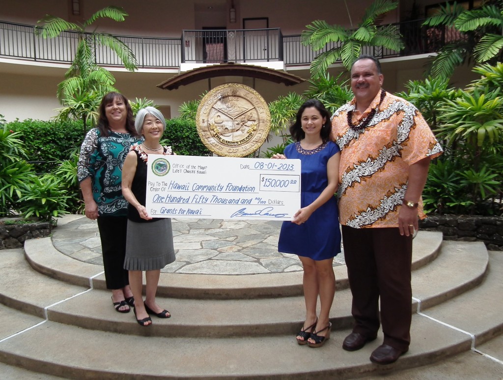 Grant funding for preschool and after-school programs is now available to Kaua'i organizations. The program is an initiative of the Kaua'i County Council in partnership with the Hawai'i Community Foundation and Life’s Choices Kaua'i. Shown in the photo are (Lt. to Rt.): Life’s Choices Kaua'i Coordinator Theresa Koki; Councilmember JoAnn Yukimura; Darcie Yukimura, Hawai'i Community Foundation Senior Philanthropic Services officer; and Mayor Bernard Carvalho, Jr.