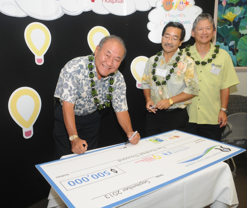 Three of Hawai'i's Credit Union’s make their 5in5 commitment.  Mel Chiba, CEO Kaua‘i Community FCU,  Scott Tsuchiyama, President Kekaha Federal Credit Union, Norman Okimoto, Hawaiian Tel Federal Credit Union