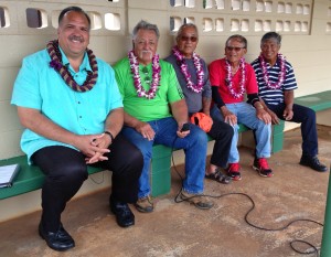 Mayor Bernard Carvalho, Jr. and the Hanamā‘ulu Hillsiders (L to R - Clifford Lee, Kenneth “Tets” Tamashiro, Peter Rayno, Jr. and Angel Madrid) take a break from a discussion about the Peter Rayno Sr. Park Pavilion. The senior softball team spearheaded the community-built project.
