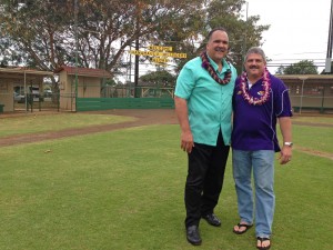 Mayor Bernard Carvalho, Jr. and Council Chair Mel Rapozo pose for a photo following the blessing of the Peter Rayno Sr. Park Pavilion, which was built by a senior softball team, the Hanamā‘ulu Hillsiders.