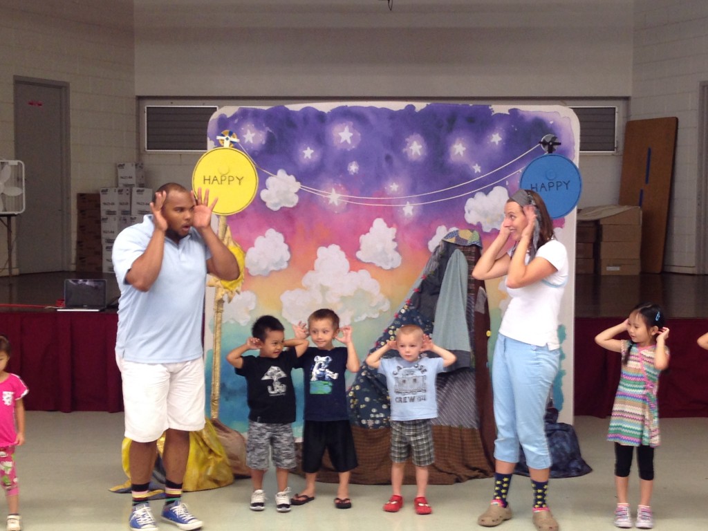 Lavour Addison and Brittni Shambaugh from Honolulu Theatre for Youth perform for preschoolers from Princess Victoria Kaiulani Elementary School as part of the Healthy and Happy Initiative on May 13, 2015.