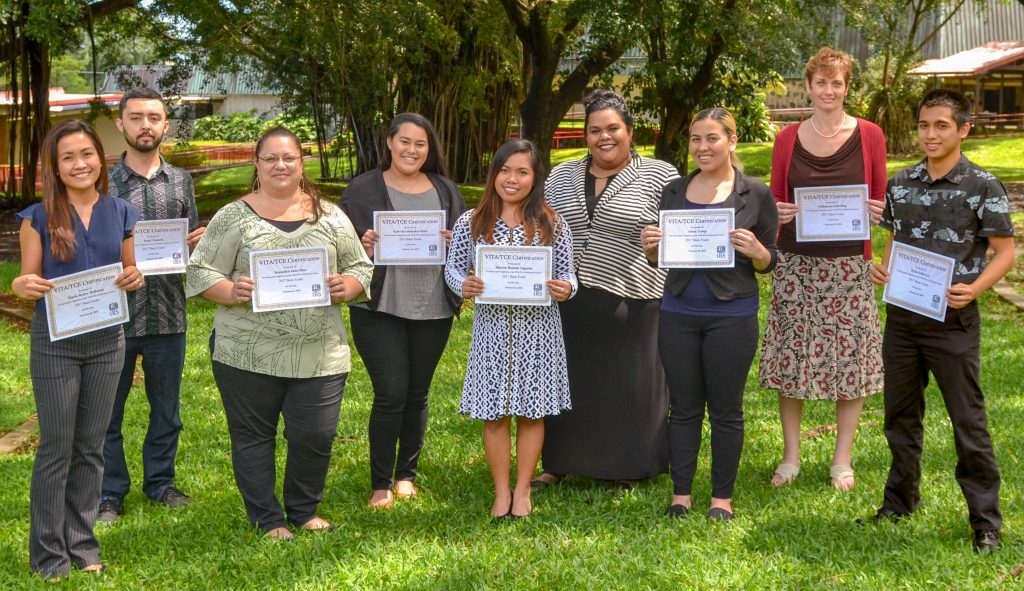 Hawai‘i Community College accounting students earned their Volunteer Income Tax Assistance (VITA) certifications this semester. From left to right are Maria Jessica Malicdem, Jorge Cisneros, Kapua Silva, Kylee Kaakimaka Paris, Shereen Tagarino, Siniva Pota (Instructor), Alexis Terlep, Philomena Scherling and Dylan Sofia Lee. 