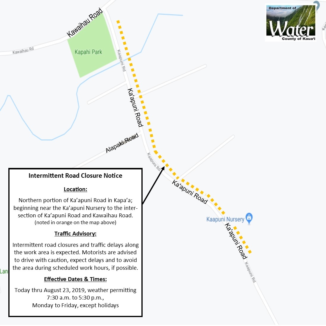Hawaii Ahe Intermittent Road Closures on Portion of Ka’apuni Road in